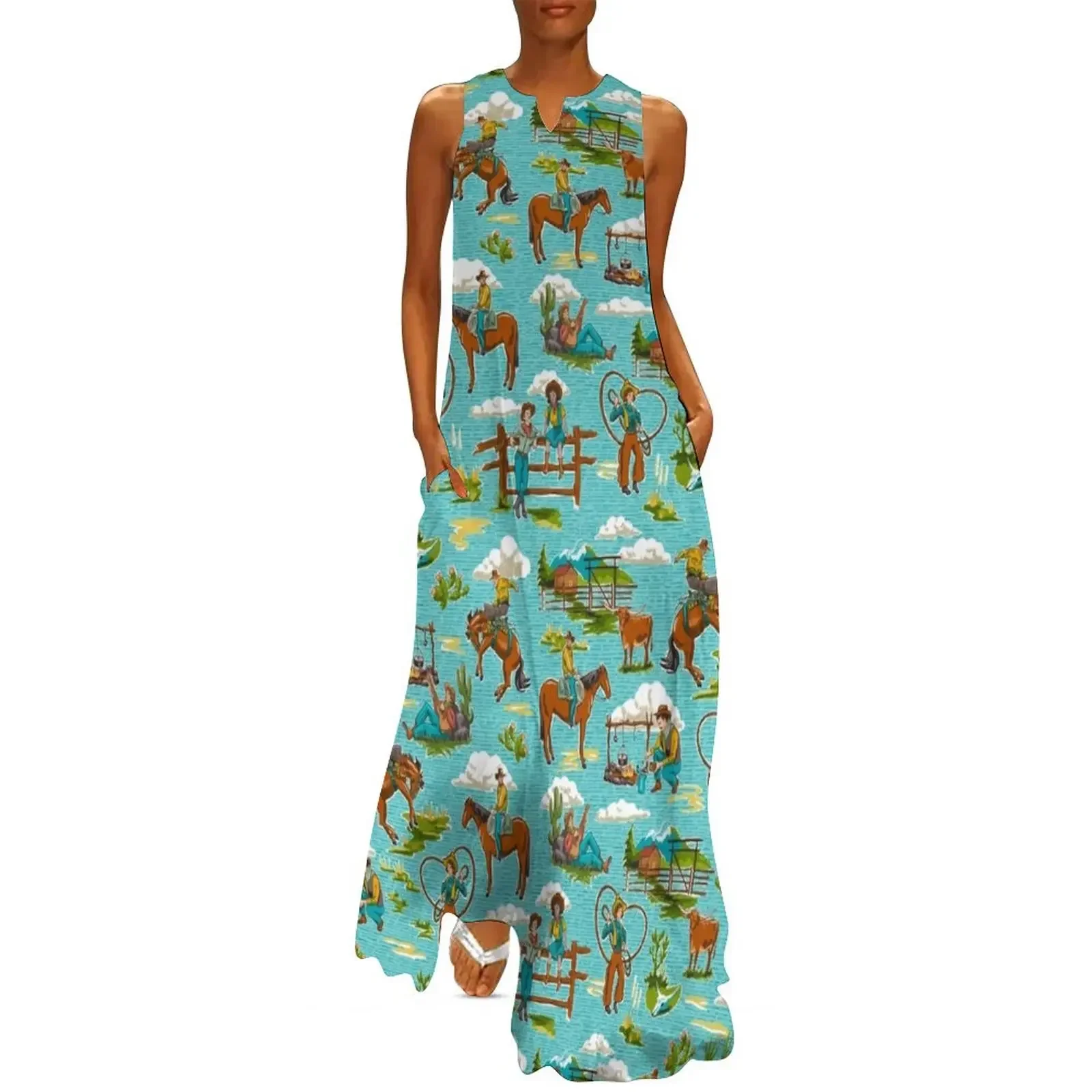 

Retro Out West Cowboy and Cowgirl Pattern in Bright Blue Long Dress Female dress Dress