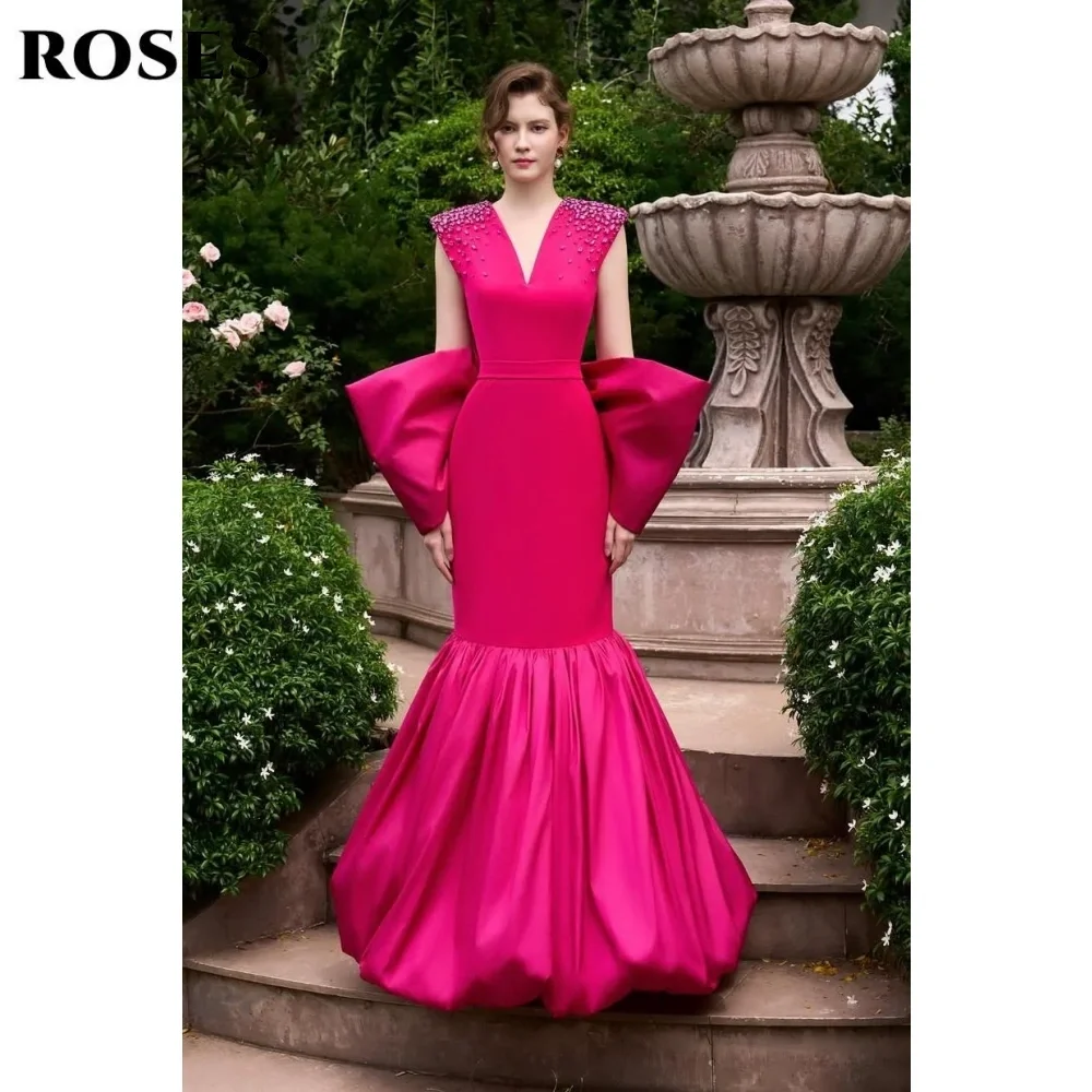 

ROSES Фуксия Платье для выпускного вечера с бисером и открытыми плечами Гала-платье со складками Атласное вечернее платье в Саудовской Аравии по индивидуальному заказу