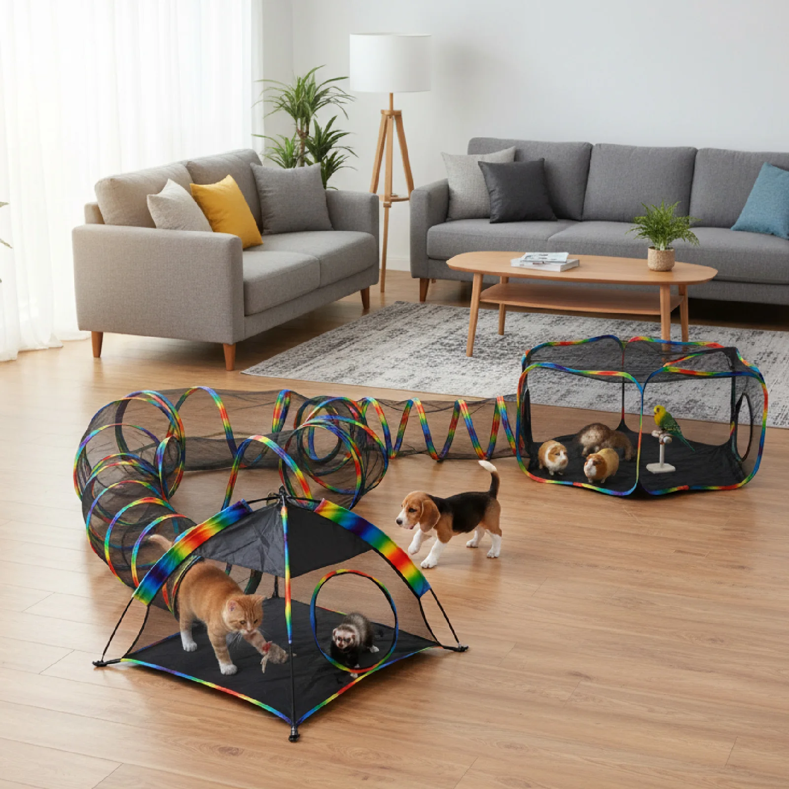 

Портативный уличный игровой домик-туннель Rainbow Cat Enclosure из сетки для нескольких мелких животных (для использования в помещении/на улице)