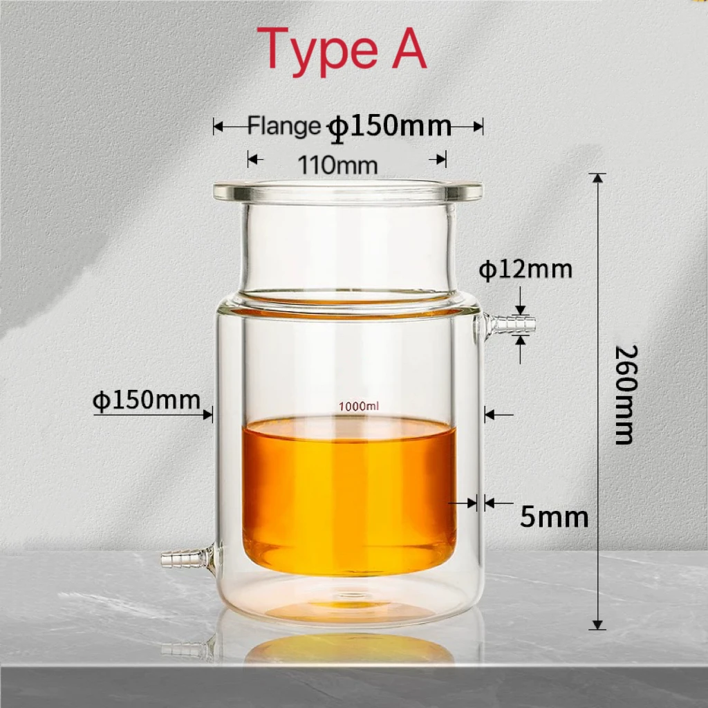Double-layer Cylindrical Flat Bottom Open Reactor Bottle, Capacity 1000mL,150mm Flange, Reaction Flask