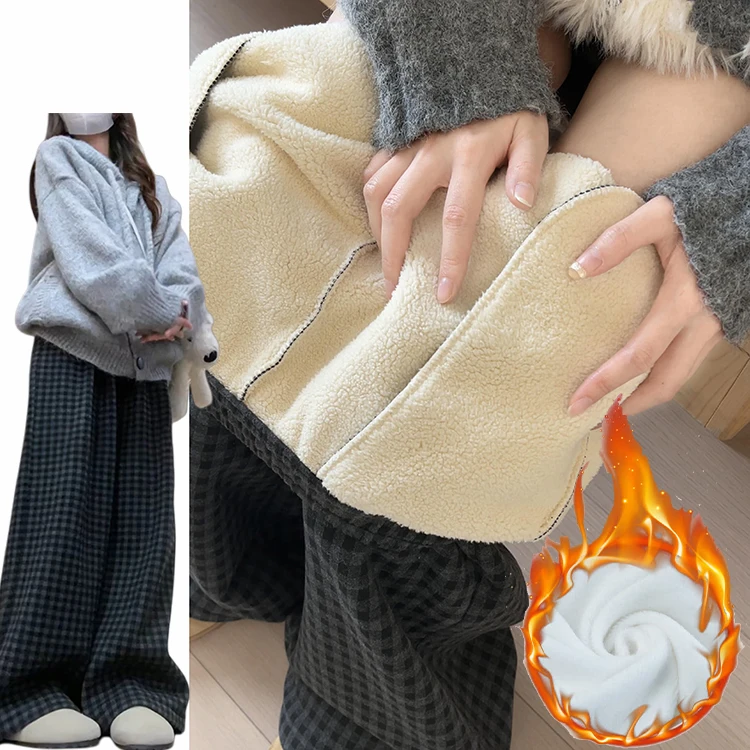 กางเกงขายาวลายสก็อตผ้าวูลสไตล์เกาหลีย้อนยุคสำหรับผู้หญิง ฤดูใบไม้ร่วง ฤดูหนาว ผ้าหนา อุ่น ทรงขากว้าง เอวสูง ยางยืด สวมใส่สบาย