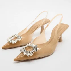 TRAF Rhinestone Pointed High Heels Women TransparentHigh Heels 2024 Summer Ladies Slingbacks Pumps Clear Elegant Weddings Shoes