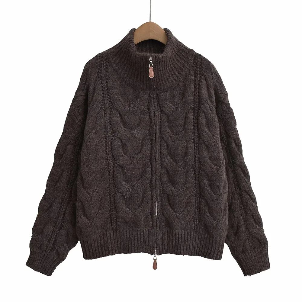

Winter new fashion women's casual design European and American style thread retro zipper knitted cardigan sweater