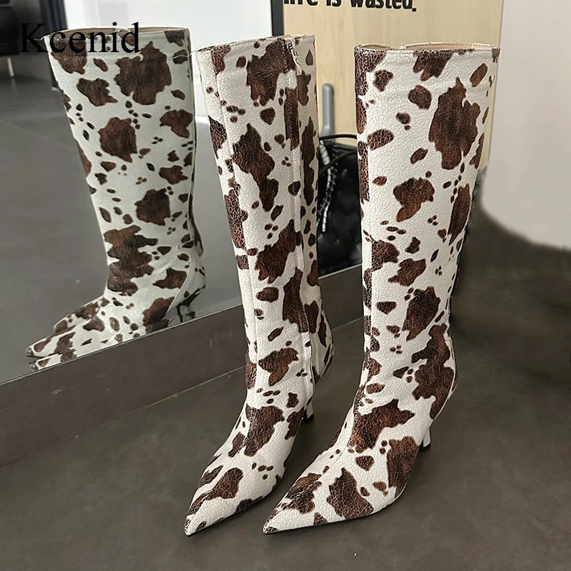 

Kcenid Autumn Winter New Fashion Knee High Boots Women Cow Print Design Pointed Toe High Thin Heels Party Dance Shoes Size 42 43