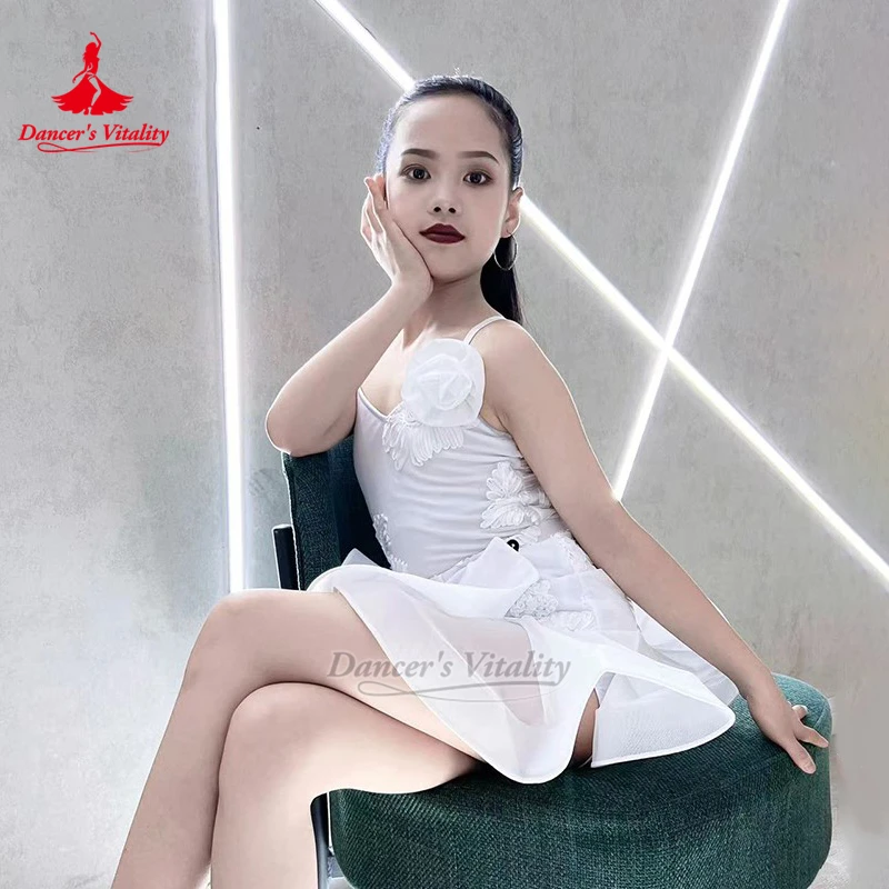 

Teenagers Latin Dance Art Grade Examination Practice Two-piece Suit Children Samba Sleeveless Suspender Tights and Flounce Skirt