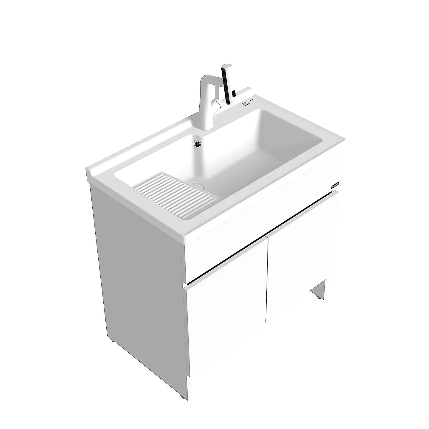 J81 New Ceramic Laundry Sink Combo with Honeycomb Aluminum Scrub Board, Balcony Washing Cabinet with Faucet and Storage