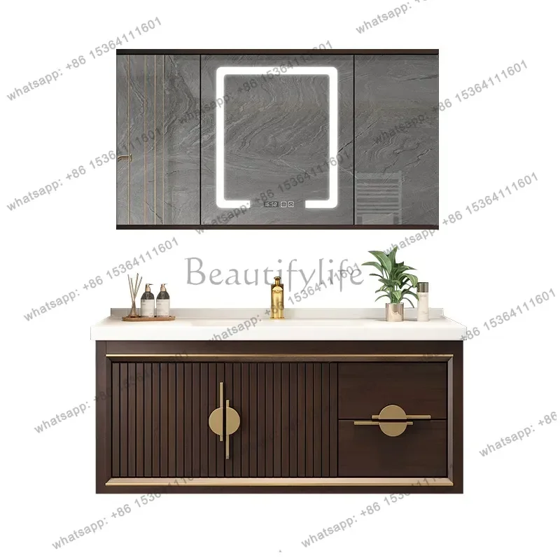 

Modern new Chinese-style hidden folding mirror cabinet smart bathroom cabinet combination washstand