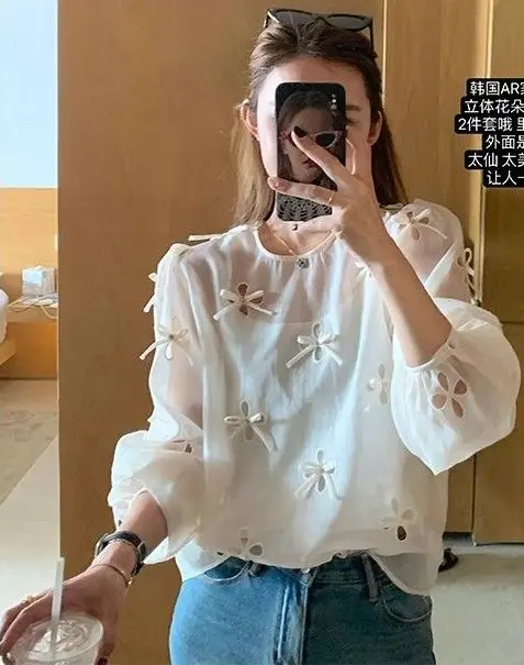 Women Cut Out 3d Bow Knot See Through Shirts Loose Casual O-neck Lantern Sleeve Blouses 2024 Summer Sweet Fashion Straight Tops