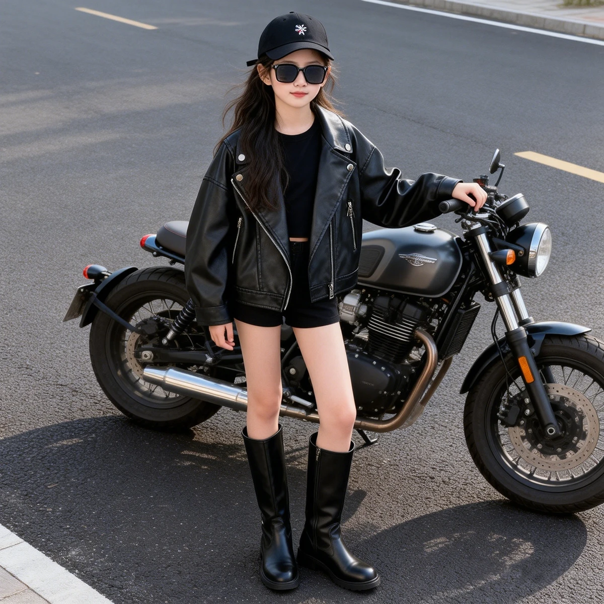 Teen Girls Biker Faux Leather Jacket Casual Cool Streetwear Fall School Kids Stand Collar Leather Coat Versatile Kids Outerwear