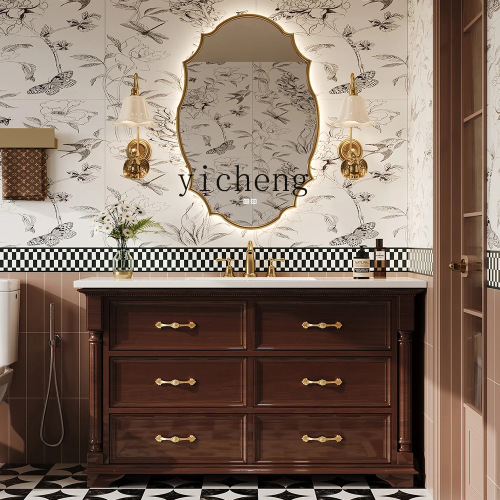 

French oak solid wood bathroom cabinet floor-to-ceiling retro hand wash basin bathroom