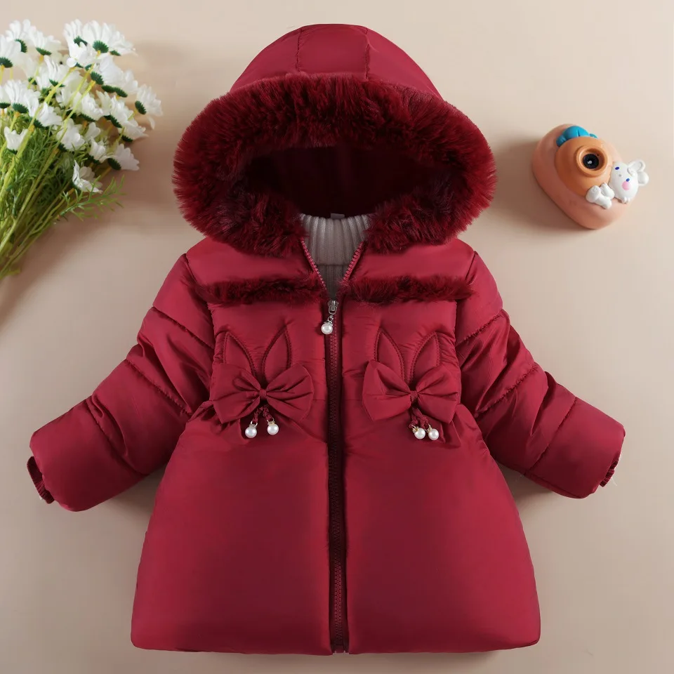 Baby Girls Plush Jacket Winter Solid Color Bow Decoration Lamb Wool Lining Coats For 1-4Y Kids Fur Collar Hooded Thick Snowsuit