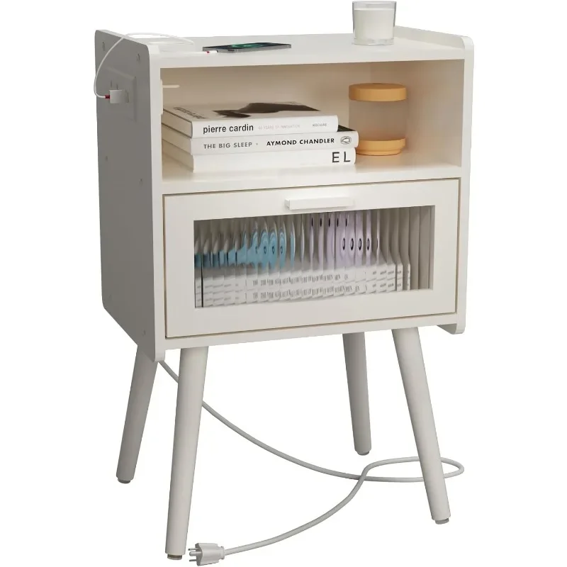 

Mid Century Modern Nightstand with Charging Station, Bedside Tables with Glass Drawer, End Table Side Table with 2 Tiers