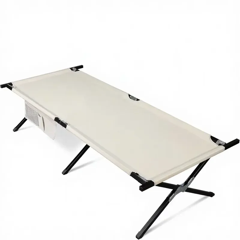 Portable Folding Camping Bed with Carry Bag Outdoor Adult Cot Side Pouch Supported Metal Frame 300 lbs Capacity Silver Grey