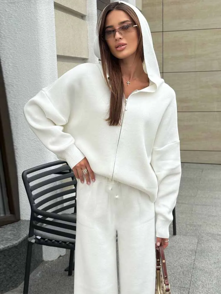 

BKQU Autumn Winter Knitted Pants Suit Women Solid Hooded Zipper Cardigan Wide Leg Pants 2 Piece Set Casual Loose Sweater Outfits