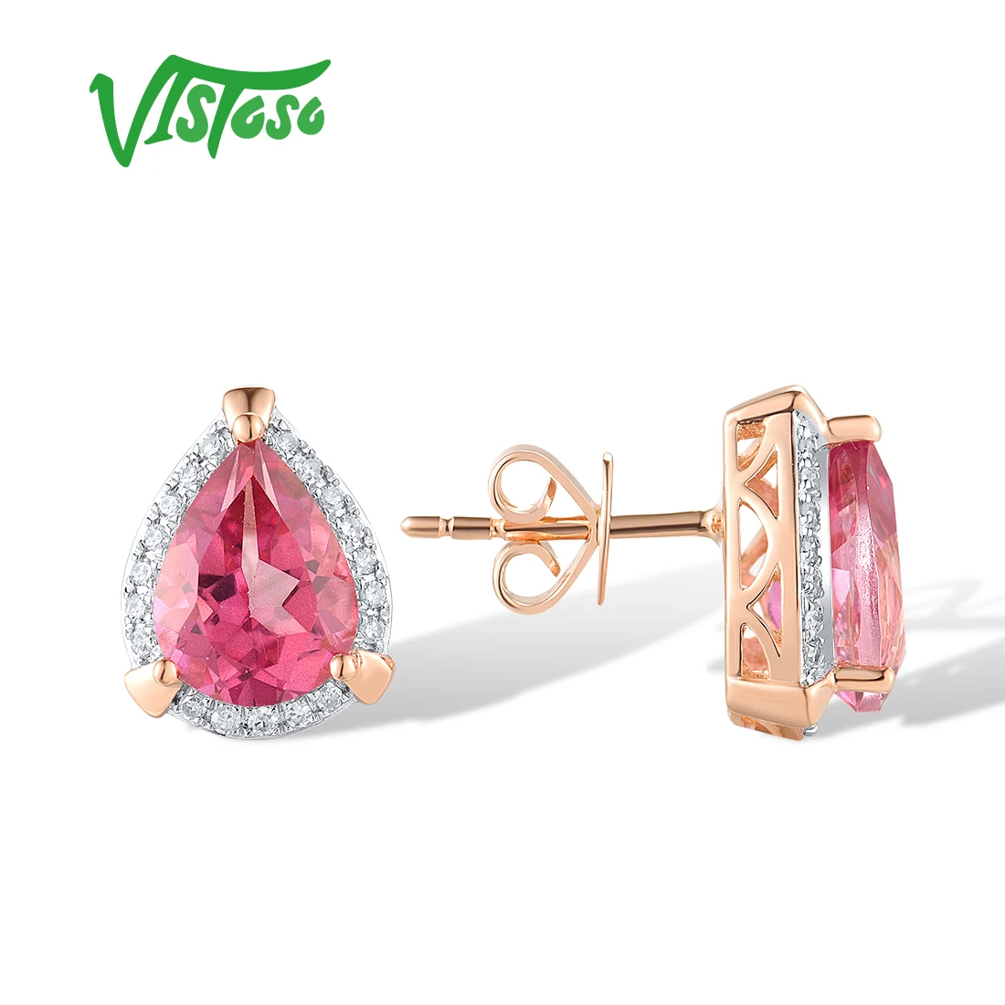 VISTOSO Genuine 14K 585 Rose Gold Stud Earrings For Women Sparkling Diamond Pink Topaz Solitaire Wedding Bridal Fine Jewelry