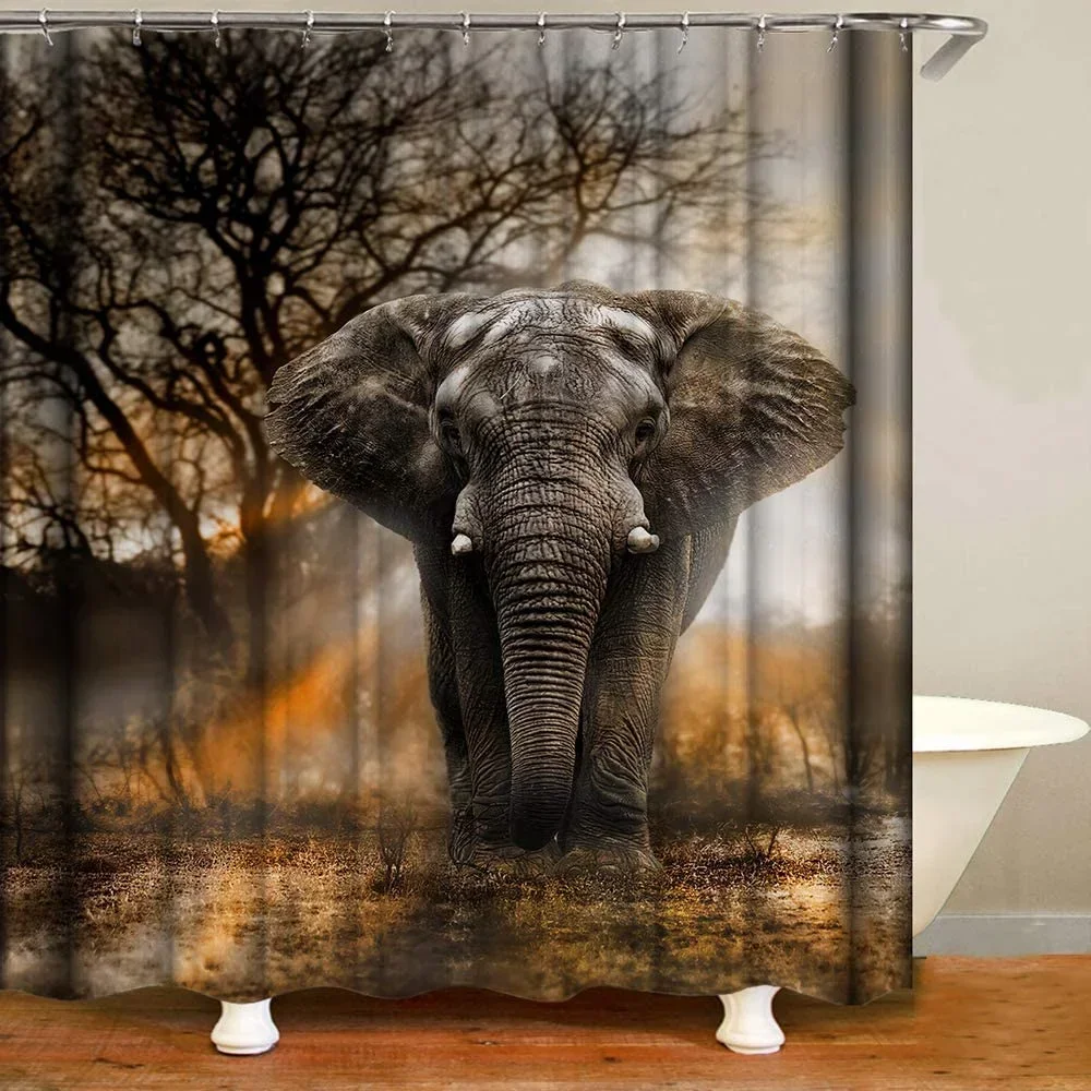 Grey Elephant Shower Curtain, Tropical African Large Wild Animal Forest Trees Scenery Polyester Fabric Fall Bathroom Decor Hooks