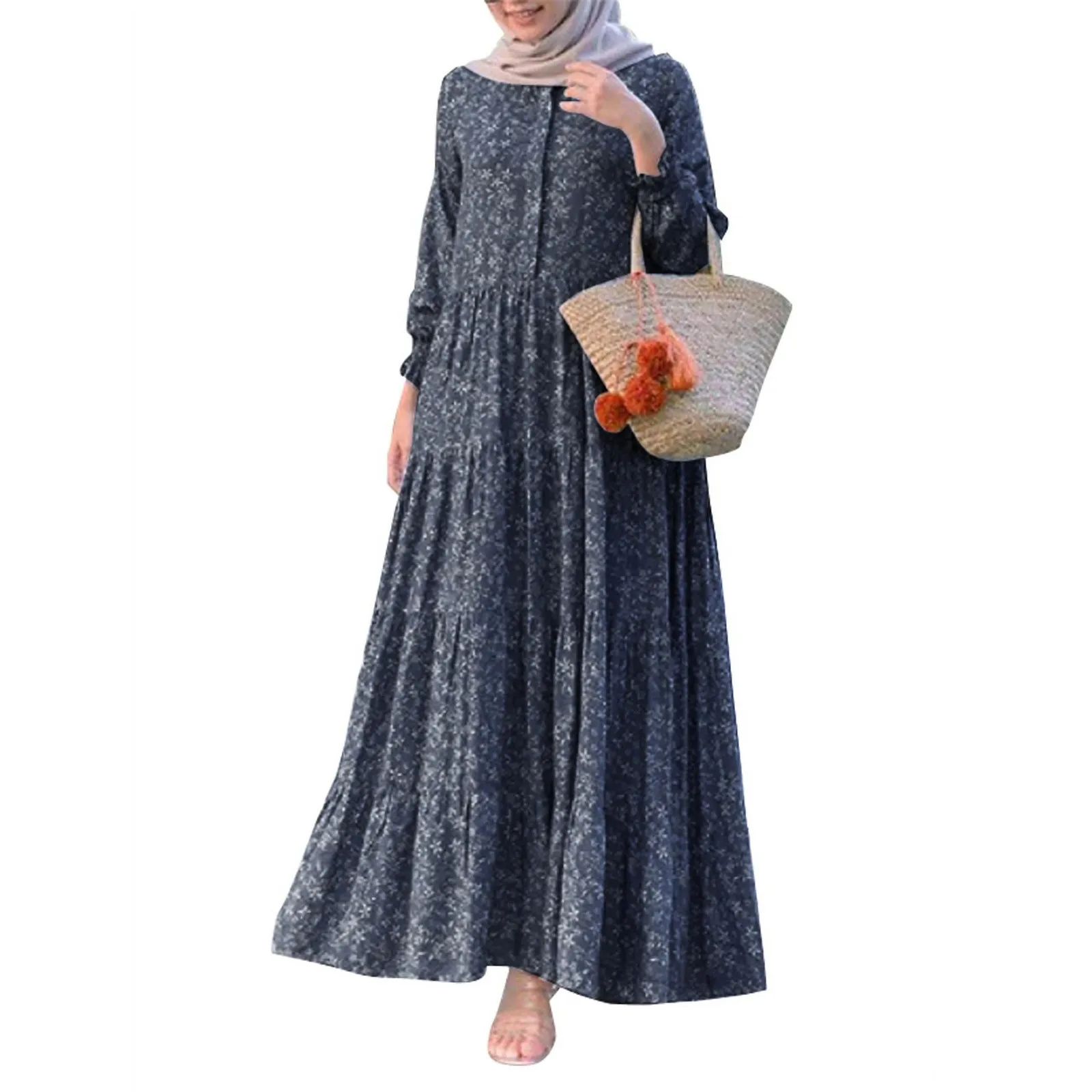 Muslim Dresses For Women Long Sleeve Round Neck Floral Printed Maxi Dresses Loose Causal All-Match Big Swing Dresses Plus Size