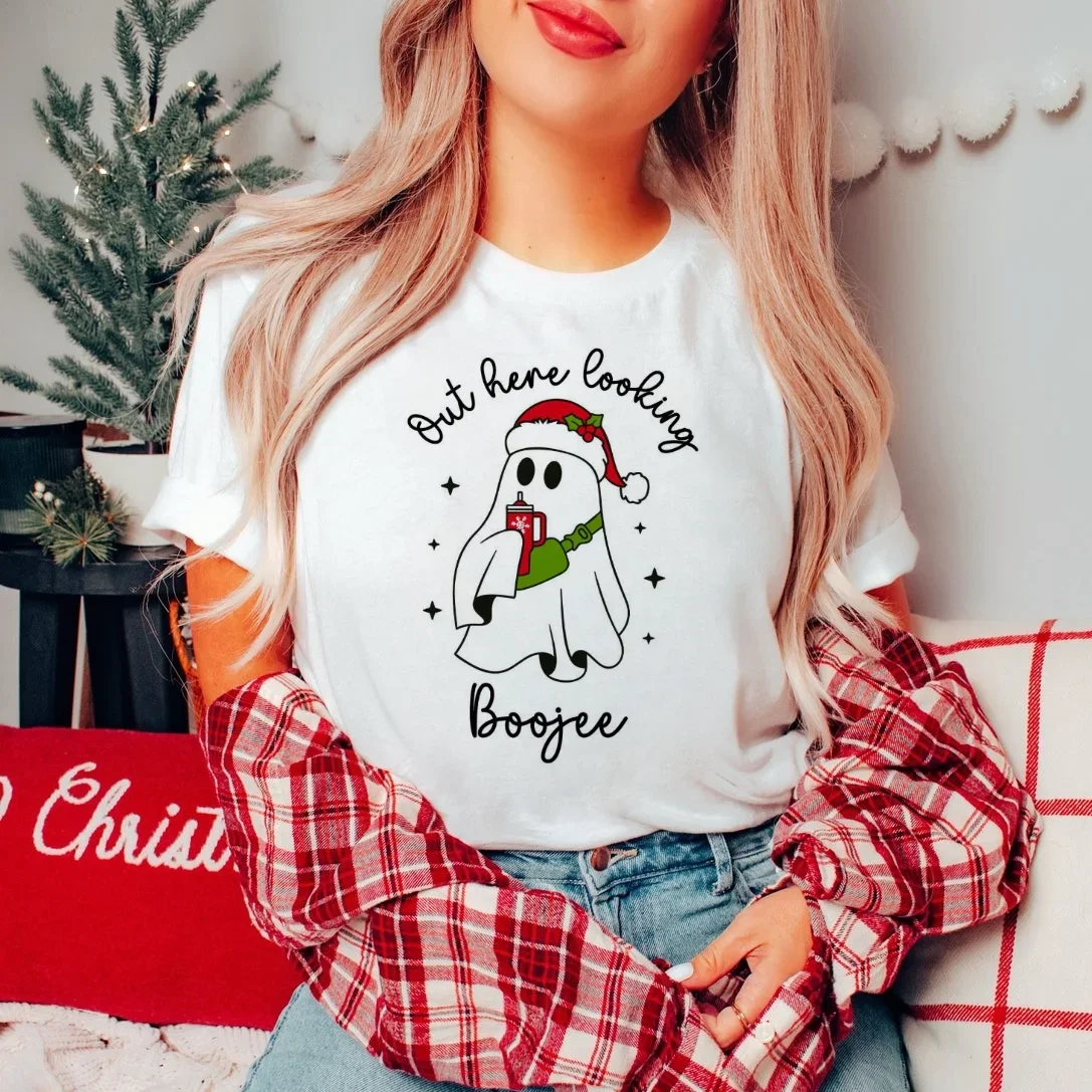 Fashionable Women's Xmas Out Here Looking Boojee Print Pattern Trendy Style 90s Clothing T-Shirt Short Sleeved Casual T-Shirt