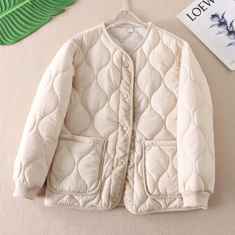 Corduroy Rhombic Cotton-Padded Jackets Women Autumn Winter New Warm Cotton Padded Coat Short Outwear Warm Parkas Overcoat Female