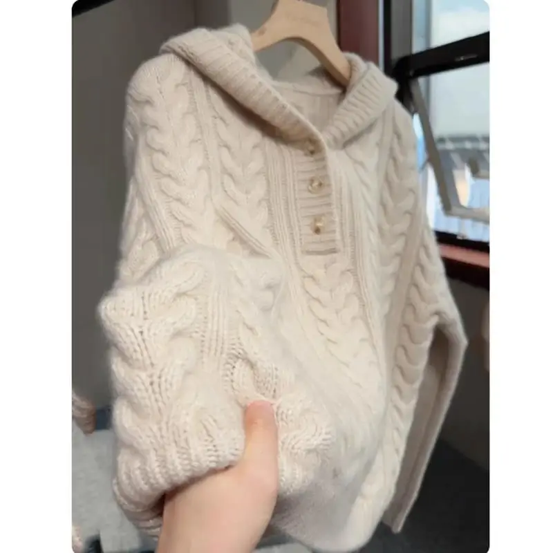 

White Hooded Long Sve Knitted Sweater Women's Comfortable Gentle Twist Large Size Sweater Autumn Winter New Sle Korean S...