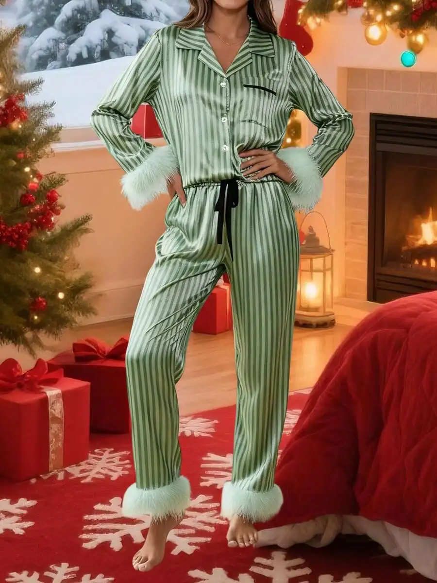

Women Striped Satin Pajama Set Long Sleeve Button Down Top Wide Leg Pants With Faux Fur Cuffs