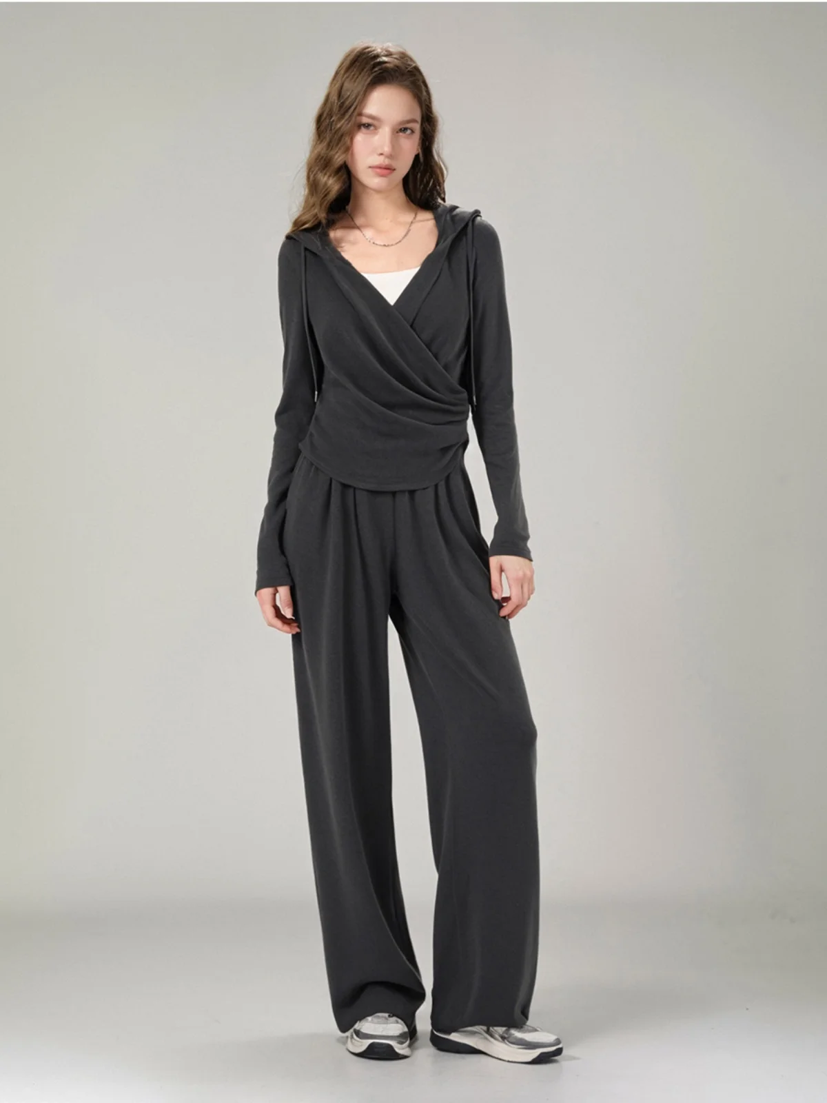 

Casual Hooded Long Sve T-irt Women's Pure Color Two-Piece Set Wide Leg Pants Autumn New Sle Comfortable Lazy Faion