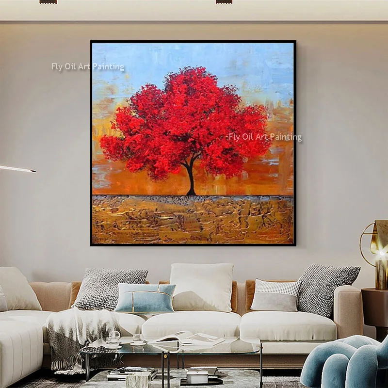 Simple Home Wall Decor Items New Red Orange Tree Landscape Oil Painting On Canvas Original Handmade Black Red Grey Artwork