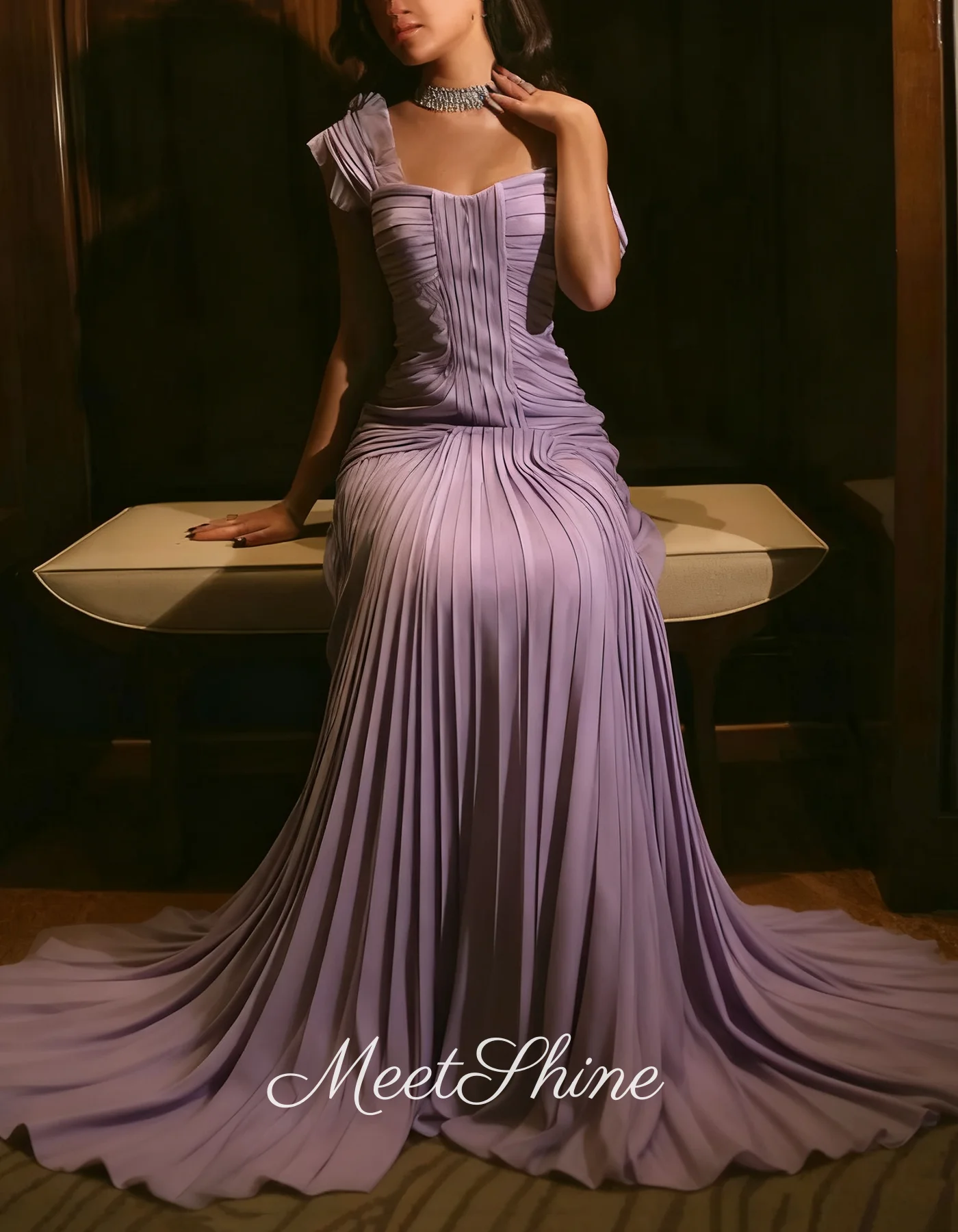 أرجواني ساحة طوق حورية البحر الكشكشة كم فساتين السهرة خمر مشد عارية الذراعين فساتين السهرة مطوي فستان الزفاف حسب الطلب #2