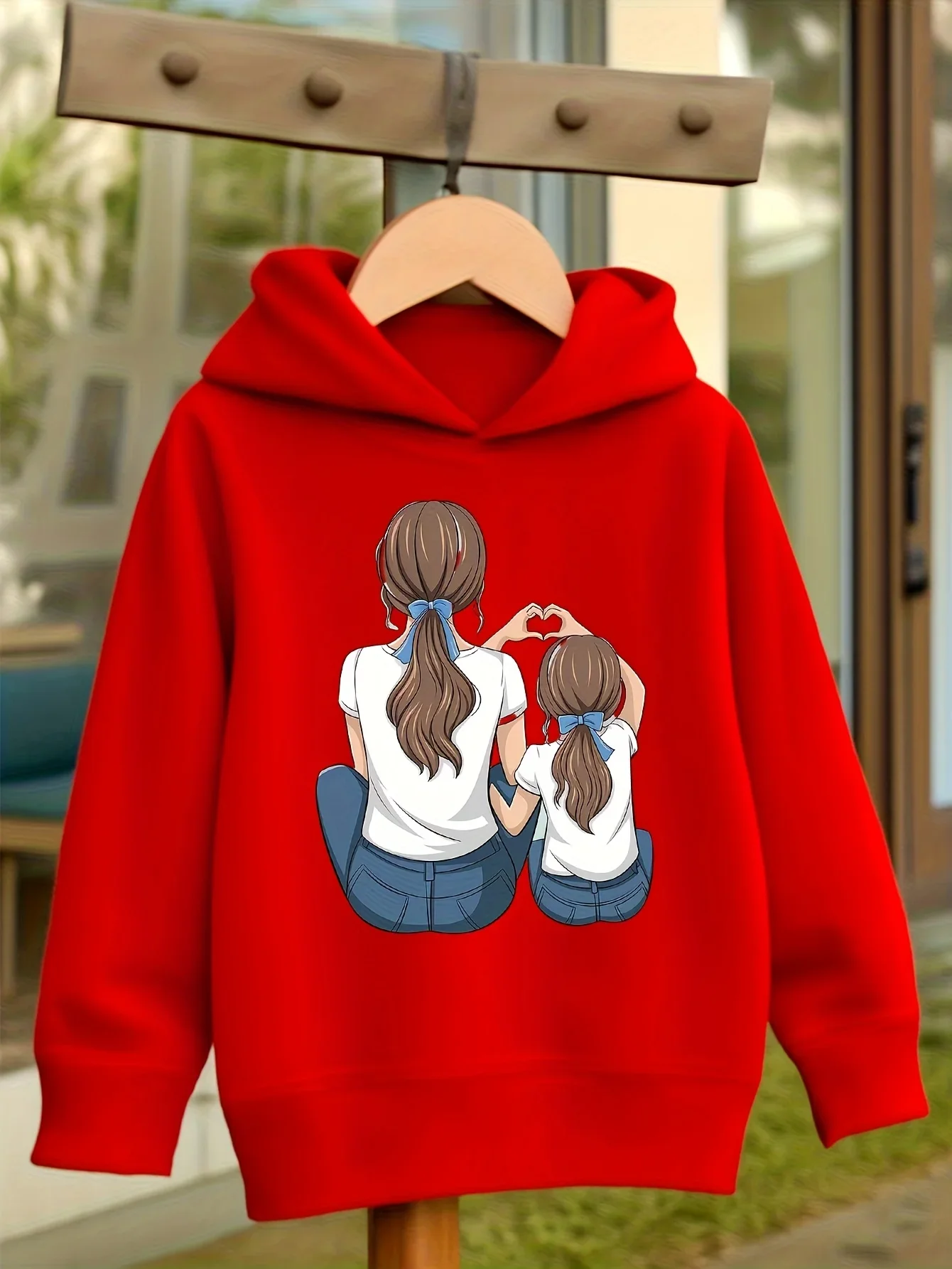 Mother Daughter Heart Kids Hoodie Sweet Family Cartoon Chest Print Autumn Winter Fleece Warm Casual Hooded Sweatshirt