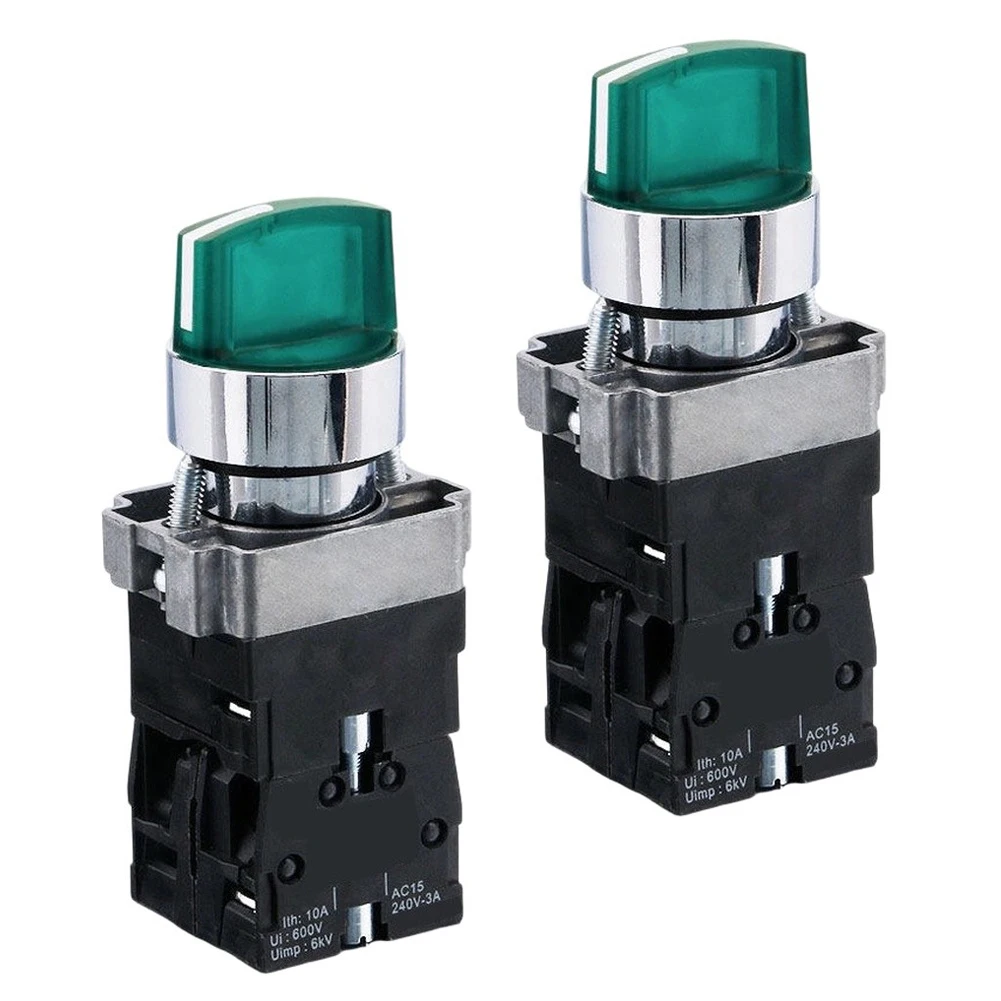 2pcs Three-Position Rotary Switch with Green LED Indicator for 12V 24V 220V 380V Applications Industrial Control Panel Mount