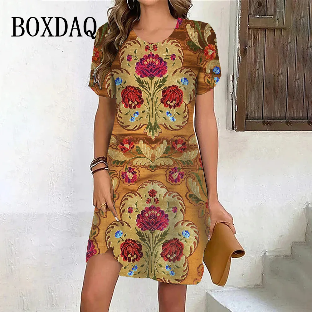 New Fashion Casual Summer Mini Dresses For Women O-Neck Print Vintage Short Sleeve Flower Clothes Dress Loose Plus Size Clothing