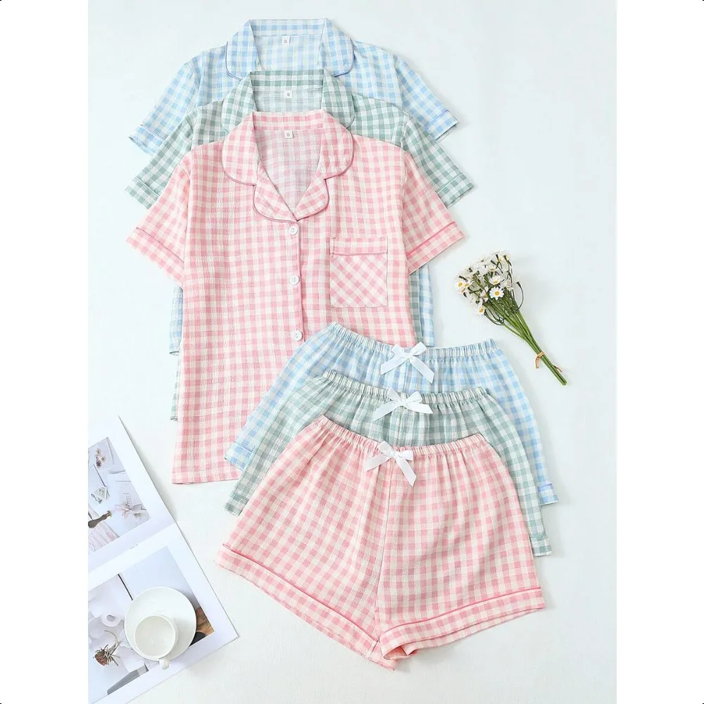 3pcs Set Plaid Button Collar Short Sleeve Top And Bowknot Shorts Women Pajamas Suit, Comfortable For Home Wear, Spring/Summer