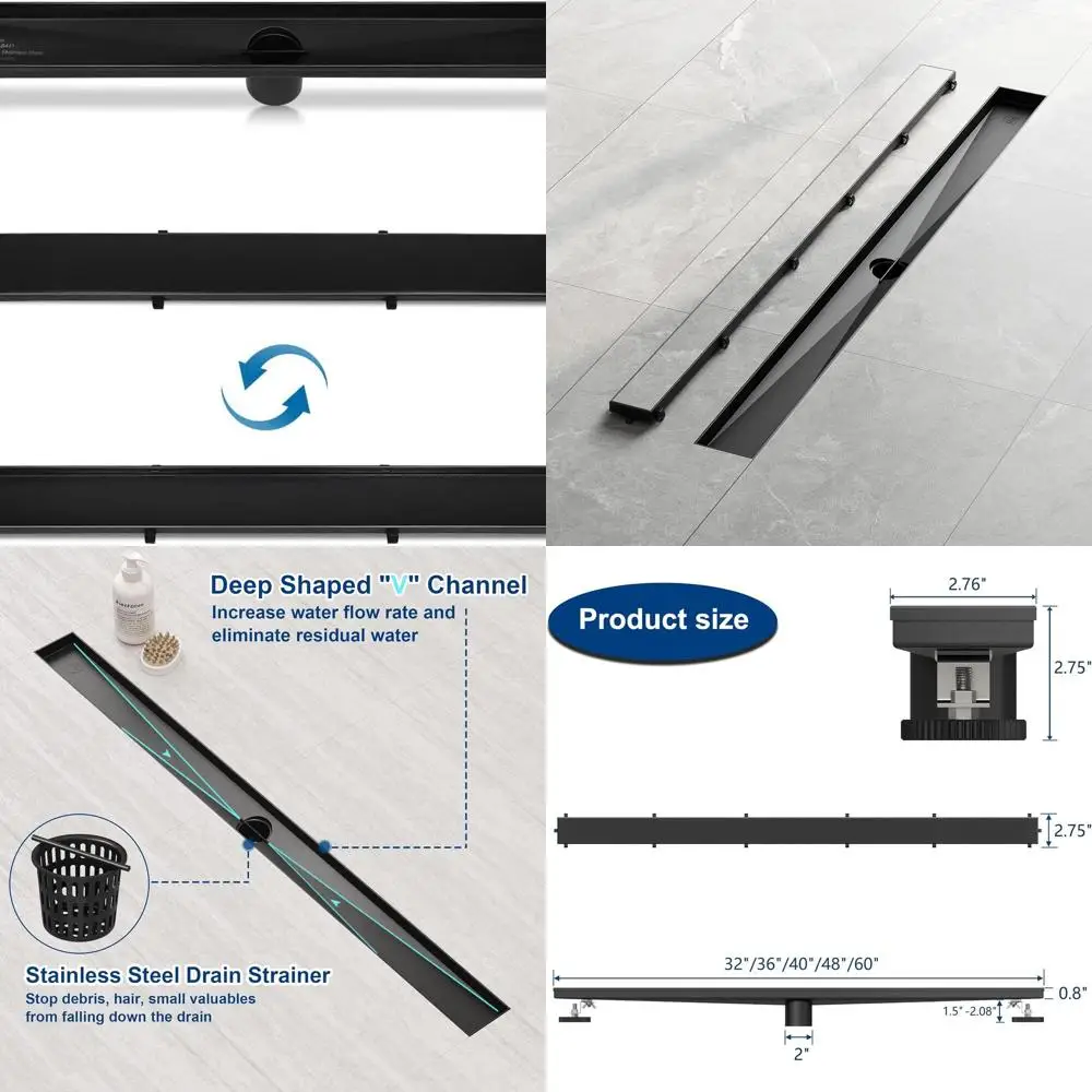 

Glitter Black 36 Linear Shower Drain with Flat & Tile Insert, Adjustable Feet, Hair Catcher, CUPC Certified