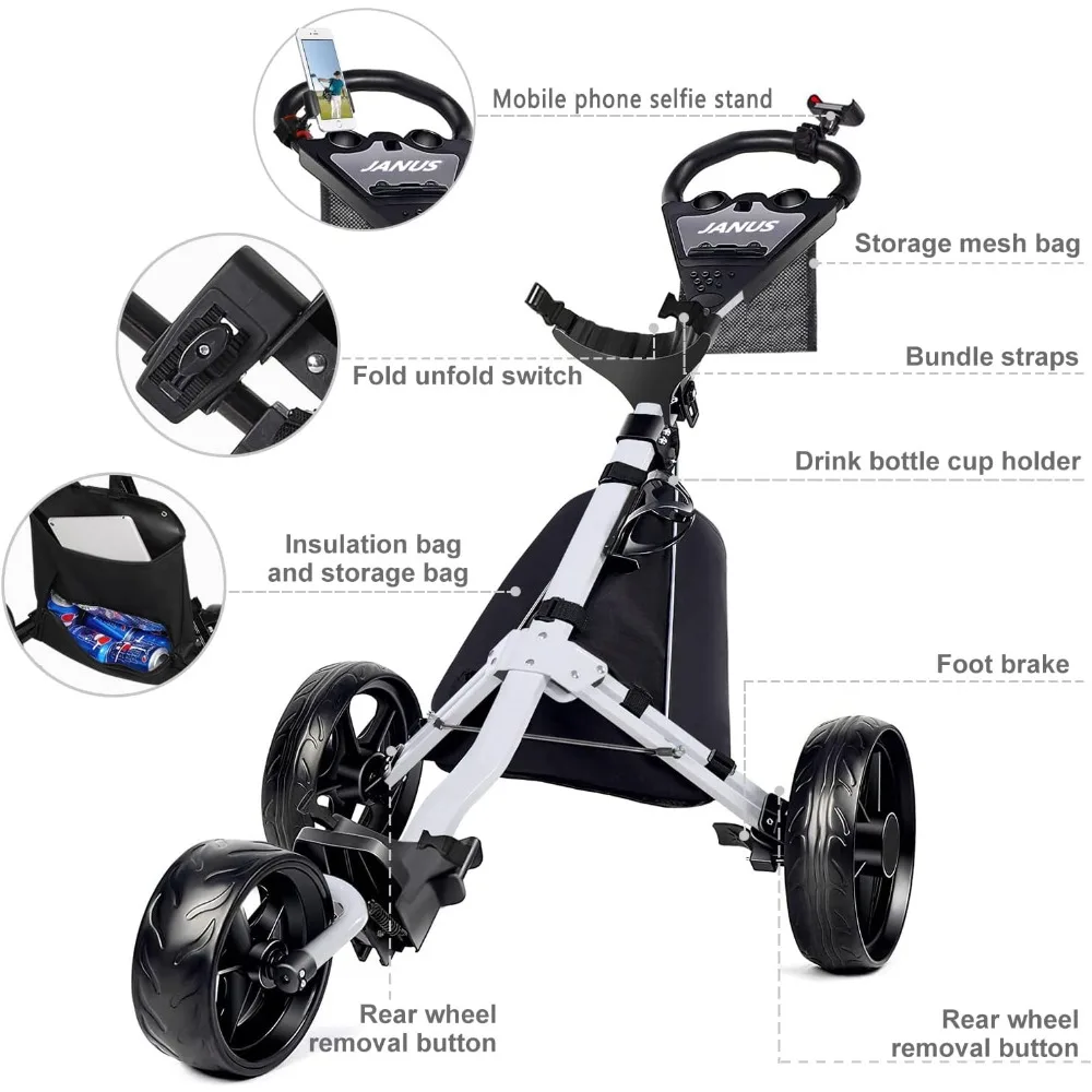 Golf Cart, Foldable Golf Push cart, Golf Bag cart，Golf Pull cart with Phone Holder and Storage Bag