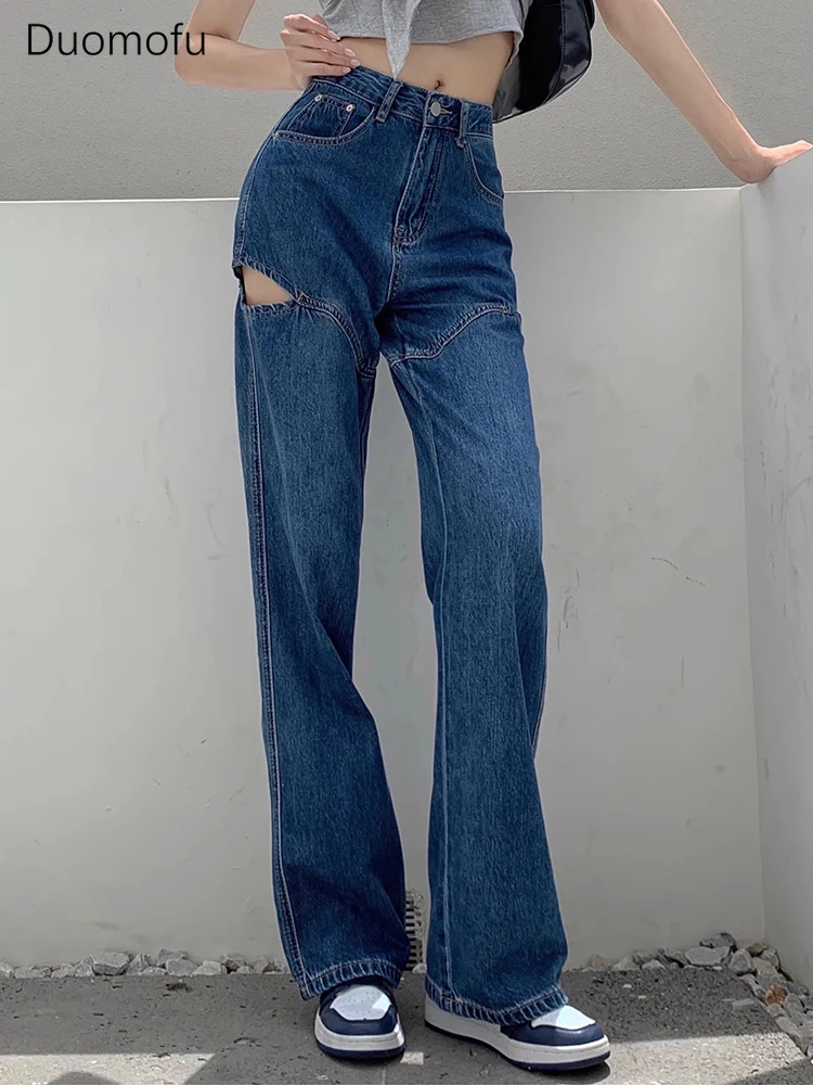 Duomofu Blue Fashion Hollow Out Sexy Vintage Vrouwelijke Jeans Koreaanse Nieuwe Basic Hoge Taille Slanke Eenvoudige Full Length Casual Damesjeans