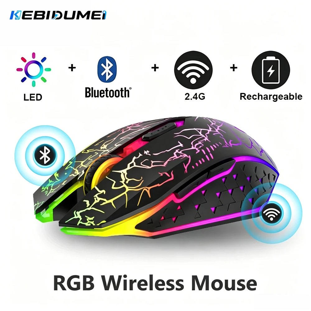 KEBIDUMEI Wireless Mouse Bluetooth 5.2 2.4G Dual-Mode Rechargeable Mouse RGB Backlight 800-1200-1600 DPI Adjustable Mice for PC