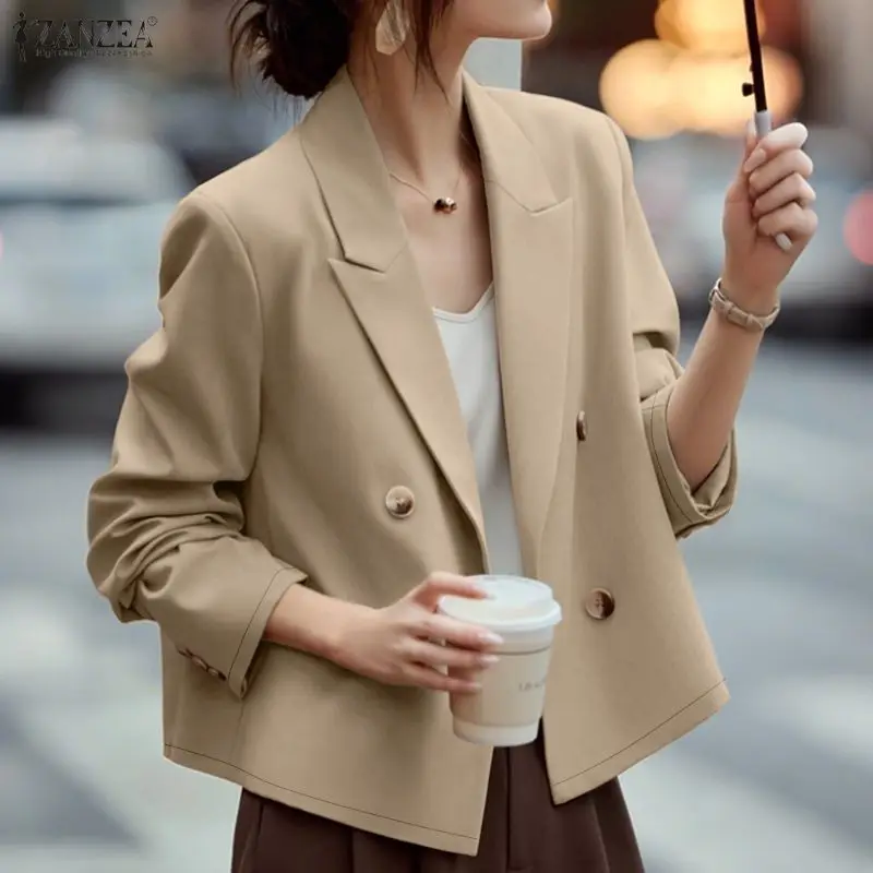 

Женский элегантный короткий блейзер ZANZEA с острыми лацканами, длинными рукавами, двубортный, однотонный, повседневный, для офиса, весенняя верхняя одежда