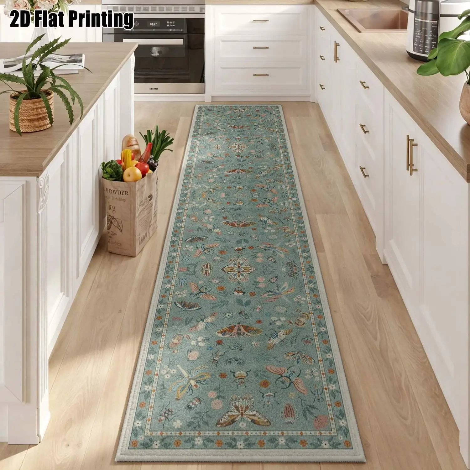 1Pc 2D Printed Long Strip Runner Carpet: Blue-Green Floral Plant Pattern, Euro/Bohemian/Geometric Stripe/Minimalist Styles, Multi-Size, Machine Washable, for Entryway, Hallway, Living Room, Bedroom Home Decor