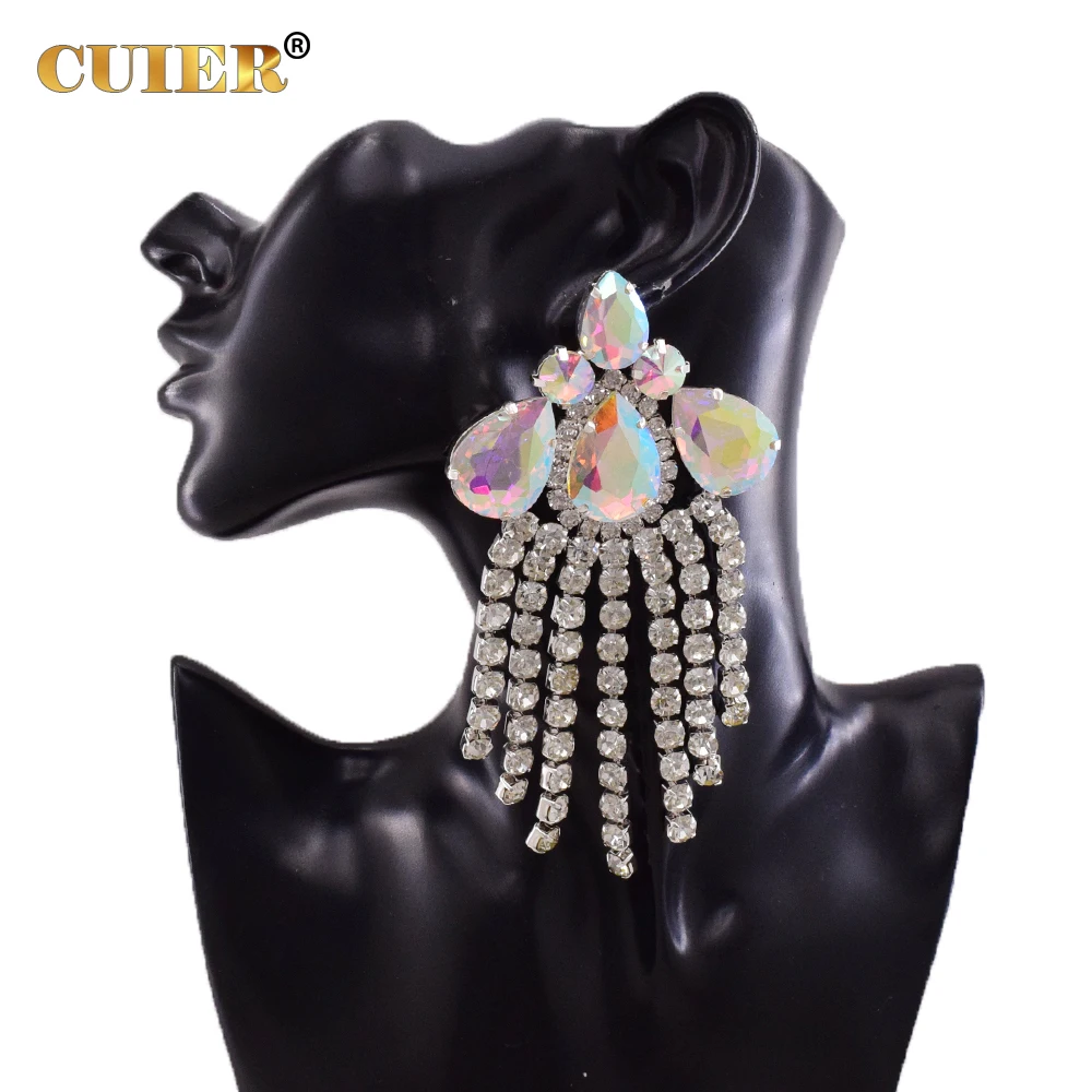 CUIER 12CM Long Tassel Women Earrings With Red Rhinestones SS28 Huge Size Jewelry for Wedding Bridal Nightclub Accessories