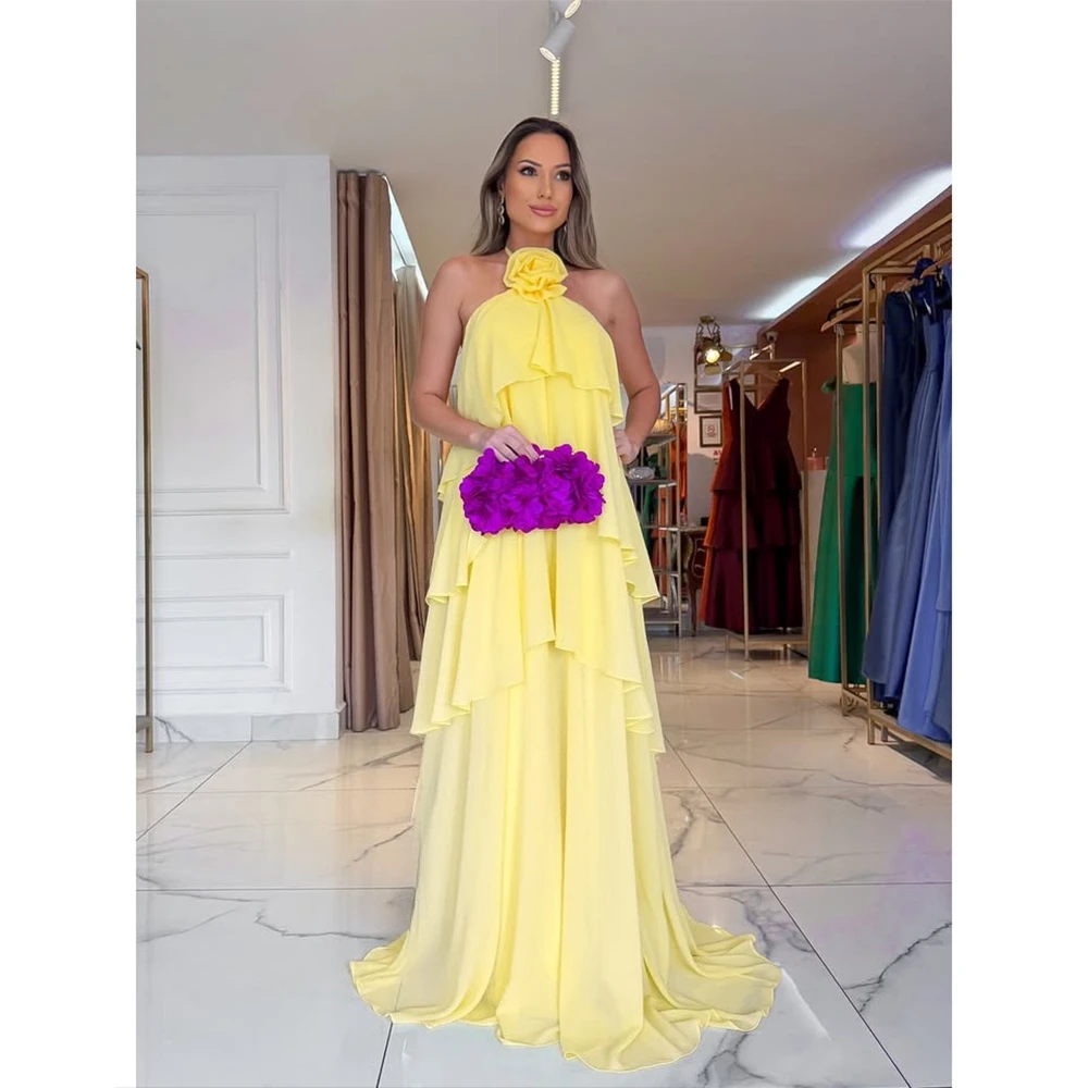 فستان حفلة موسيقية أنيق من الشيفون الأخضر مخصص على شكل زهرة رسن بدون أكمام على شكل حرف A فساتين سهرة طويلة بدون ظهر للحفلات