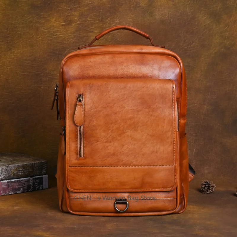 

Handmade Genuine Leather Men Backpack Business Male 15.6 inch Laptop Bag Daypacks Large Capacity Travel Bags College School Bag