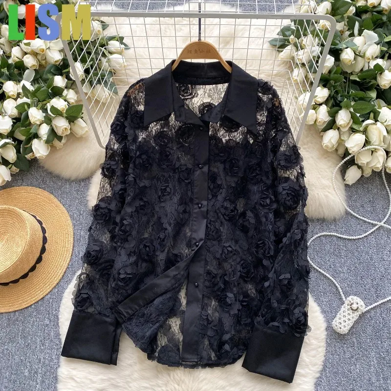

LISM see-through outfit Vintage Floral 3D see through Long Sleeve Blouse Slim Elegant Korean Fashion Sexy Winter Femme Blusa