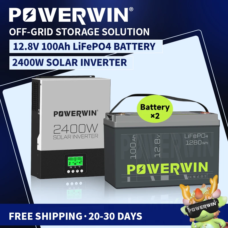 POWERWIN BT100 LifePO4 12V 100Ah/1280Wh HI3000 2400W Hybrid Solar 24V Pure Sine Wave 80A MPPT Off-grid LCD 12V Battery