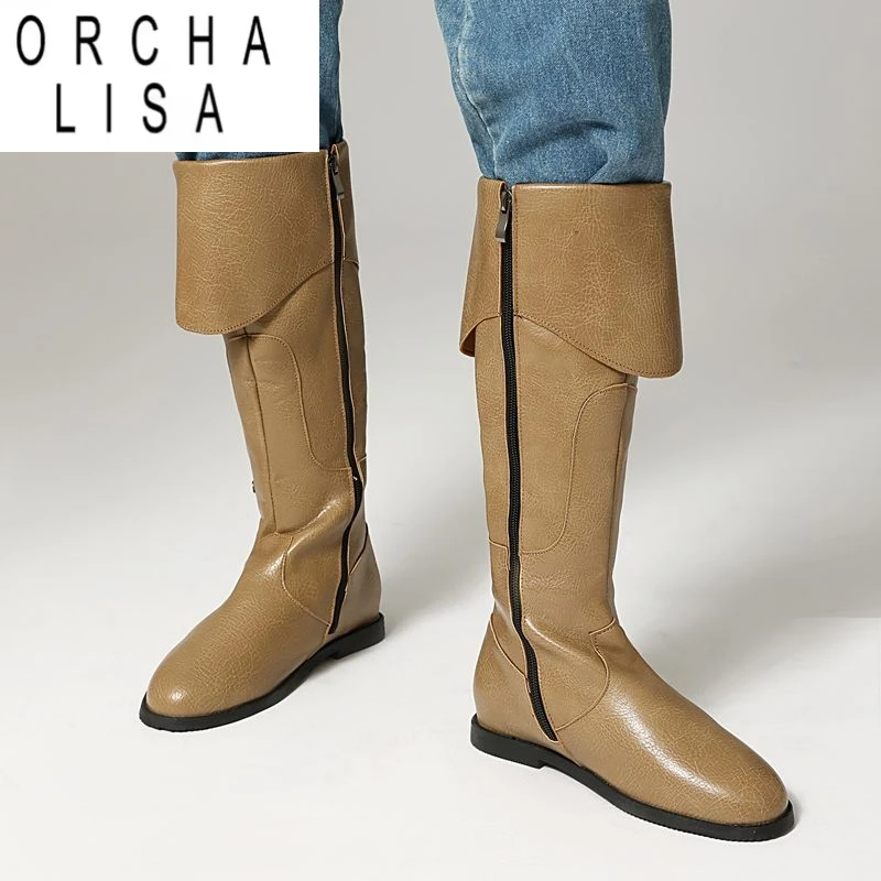 

Бренд ORCHA LISA 2025 Винтажные женские сапоги до колена с круглым носком на плоской подошве на молнии размера плюс 46 47 48 для отдыха на каждый день для женщин в стиле вестерн Bota