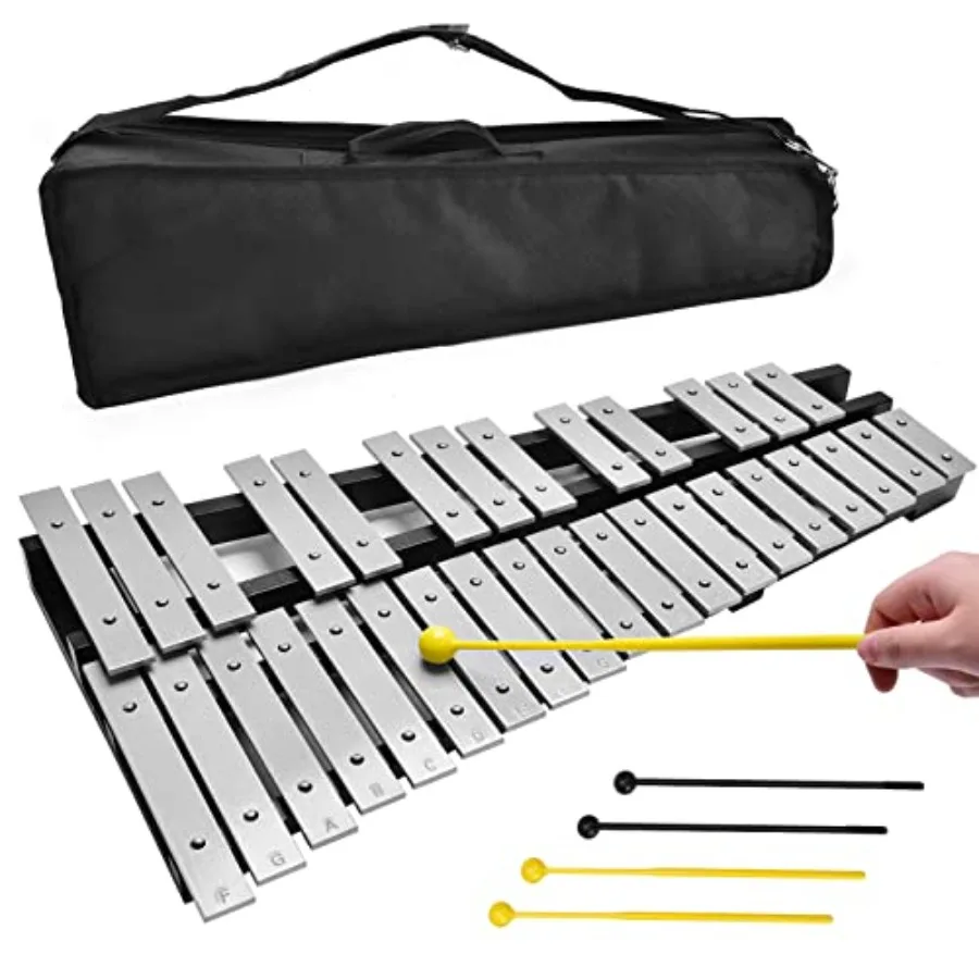 

32 Keys Foldable Aluminum Glockenspiel for Adults and Percussion Instrument Kit in Silver with 4 Mallets and Carrying Bag for E