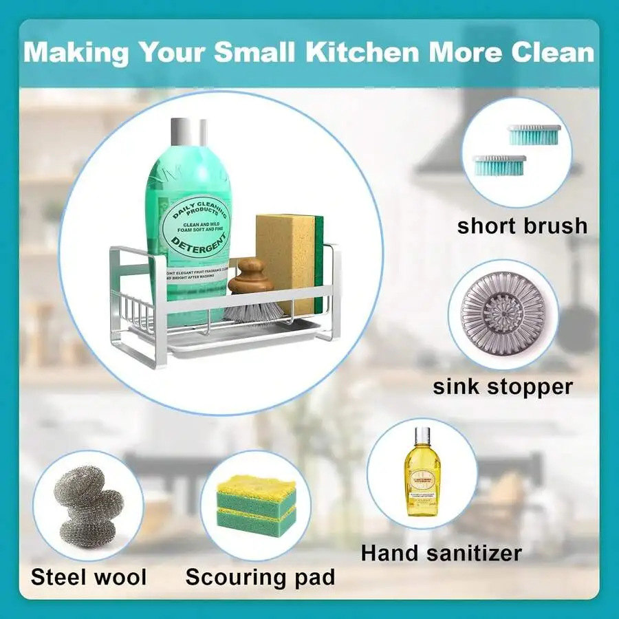Kitchen Sink Organizer With Sponge Holder And Brush Rack Adhesive Or Countertop Mount