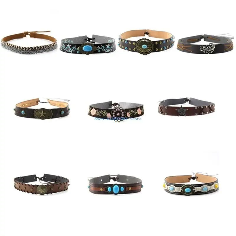 N7YF العرقية الغربية قبعة أحزمة راعية البقر قبعة رعاة البقر حزام قبعة جلدية الفرقة استبدال للحزب اليومي التعادل الخلفي قبعة