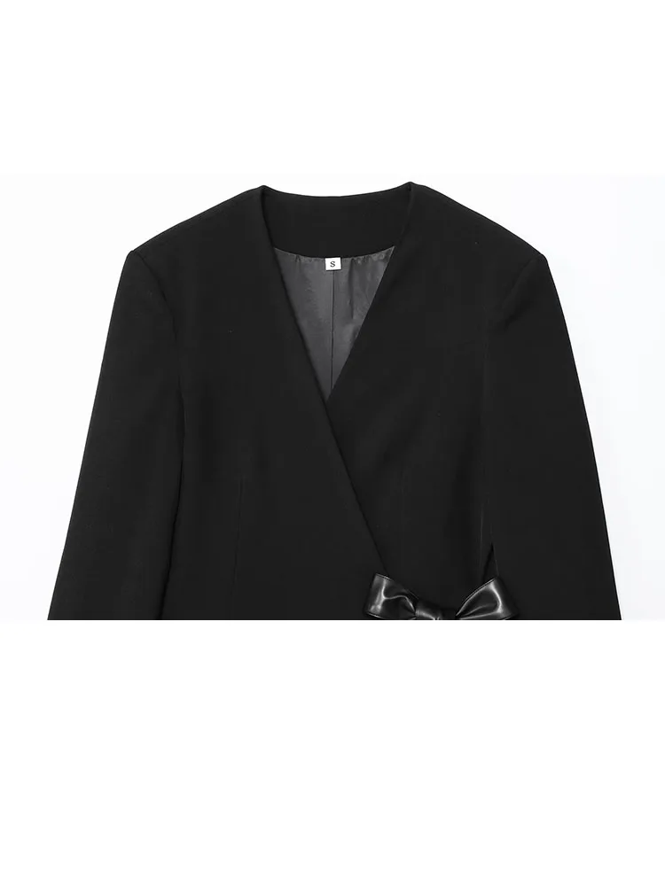 HH 女性秋ファッション V 襟肩ポケット長袖リボン弓装飾ブレザー女性カジュアルエレガントなスリムフィットスーツ