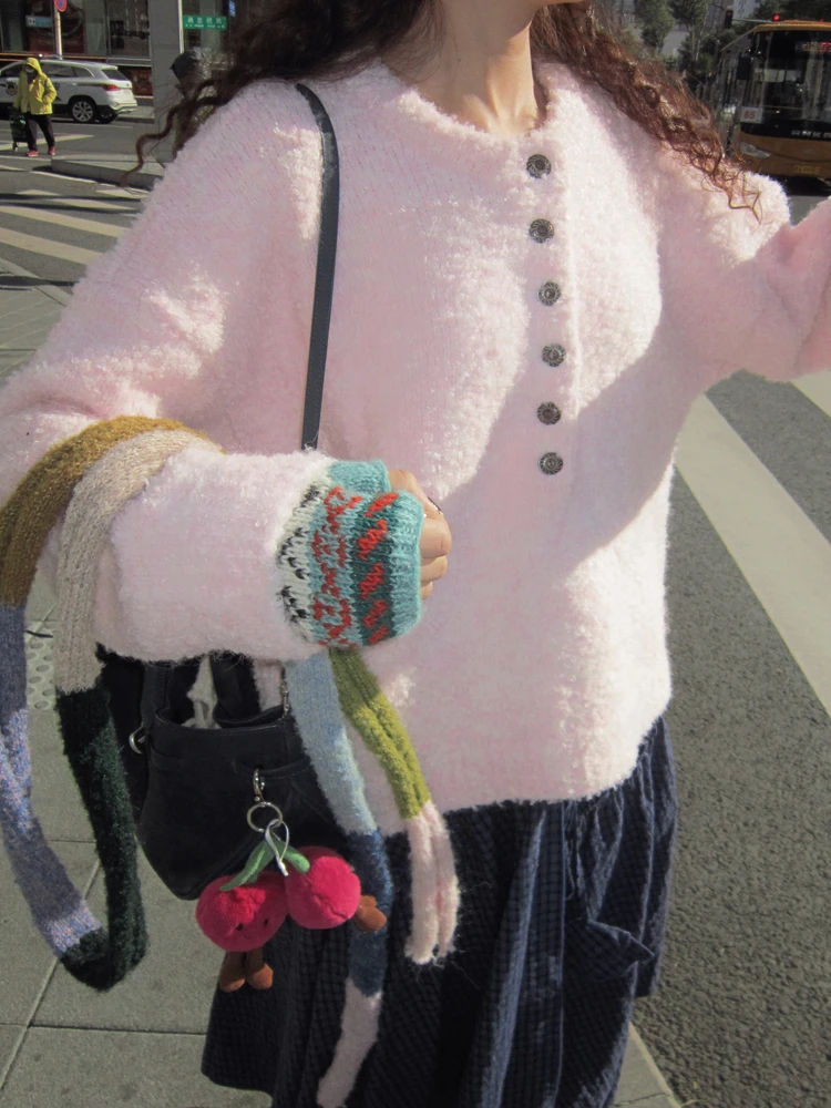 

Beautiful Pink Sakura Knitted Wool Sweater Loose oulder Fall Winter Warm Thiened Long Sve round Ne Single Button Sle