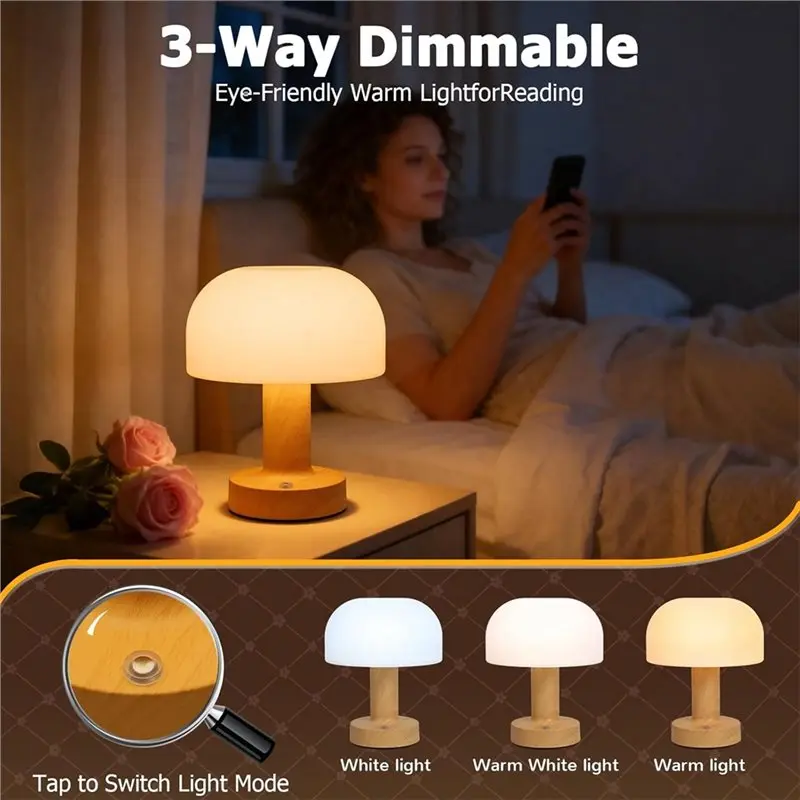 HRBAJ-Mushroom Shape Table Lamp Featuring 2000Mah Rechargeable Battery, Stepless Dimming Desk Light For Bedroom/Patio/Living Roo